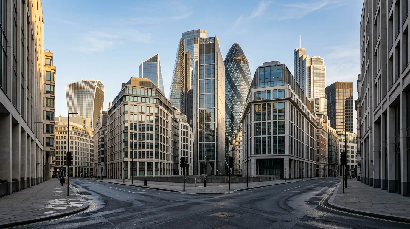 Urban cityscape with architectural details and morning light, geometric buildings and structures, empty streets