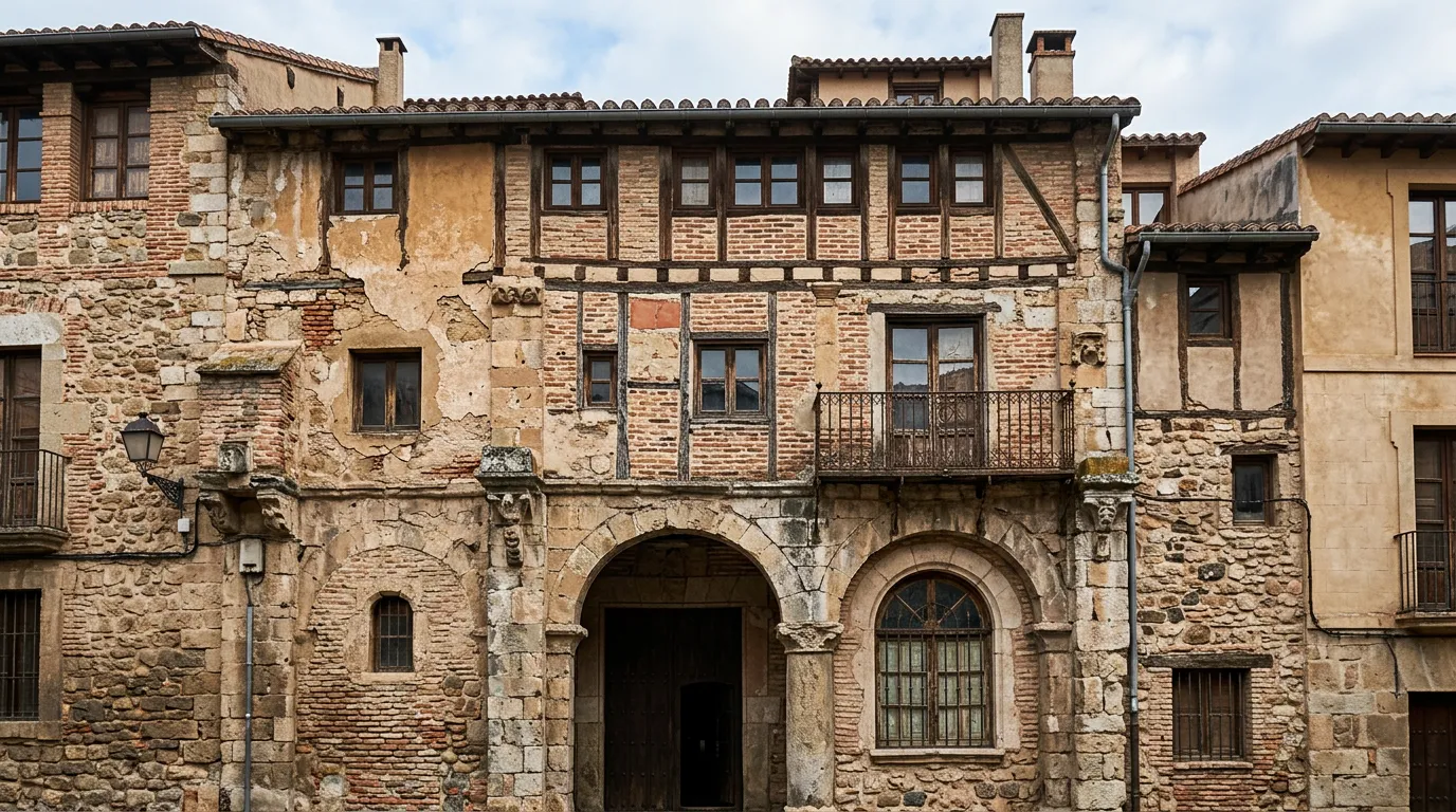 Architectural facade with layered textures, weathered surfaces and transformation visible over time, building details and geometric patterns