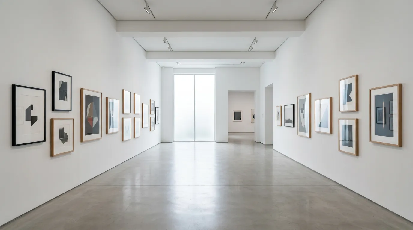 Empty photography gallery or exhibition space with framed artworks on white walls, minimal interior, soft natural light