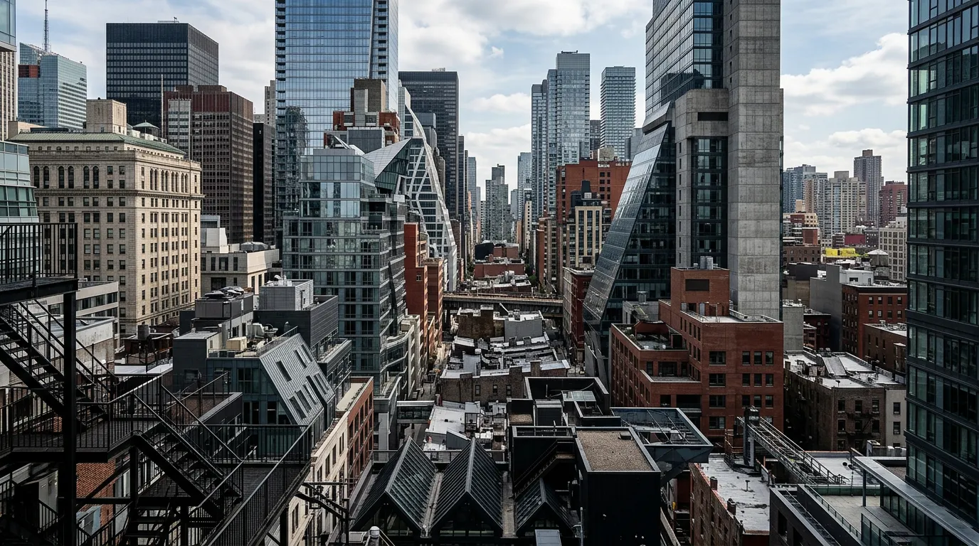 Abstract urban landscape with diverse architectural styles and composition, city buildings and structures from artistic perspective